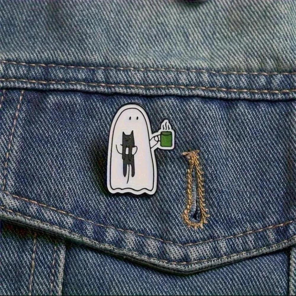 Enamel pins women's ghost cat funny white black bag purse charm jewelry mug coff - Picture 4 of 6